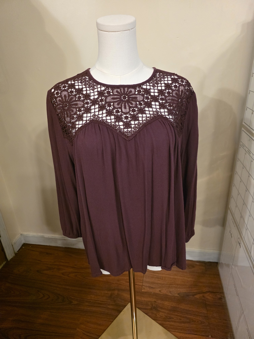 Charlotte Russe Plum Crochet Yoke Long-Sleeve Blouse
